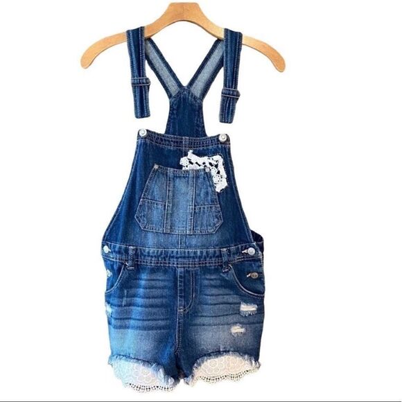 Jordache Girls Size XL 14-16 Blue Denim Lace Accents Bib Shorts Overalls - Picture 1 of 9